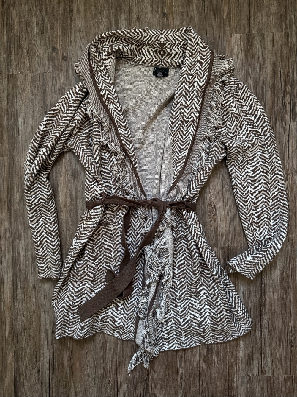 Fringed Open-Front Knit Cardigan in Brown and Cream
